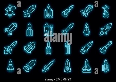 Jeu d'icônes de lancement de vaisseau spatial. Ensemble de contours de l'engin spatial lancer des icônes de vecteur couleur néon sur noir Illustration de Vecteur