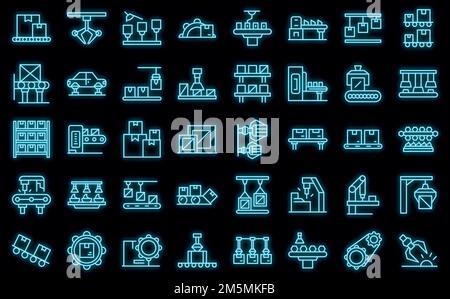 Les icônes de production série définissent le vecteur de contour. Lot industriel. Machines de masse Illustration de Vecteur