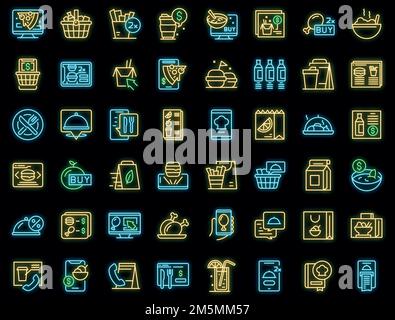 Les icônes de commande d'aliments en ligne définissent le vecteur de contour. Boisson de livraison. Nourriture savoureuse Illustration de Vecteur