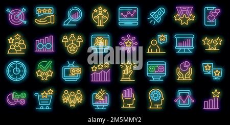 Icônes de réputation définies. Ensemble de contours d'icônes de vecteur de réputation couleur néon sur noir Illustration de Vecteur