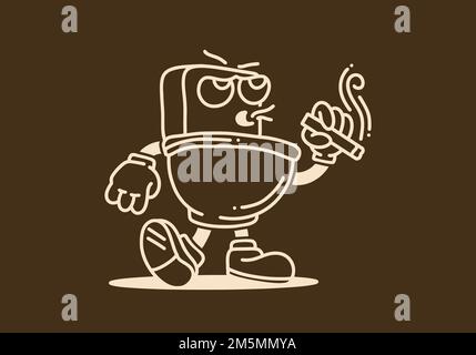 Illustration art dessin d'une mascotte de toilette tenant une cigarette Illustration de Vecteur