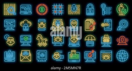 Icônes de fraude définies. Ensemble de contours d'icônes de vecteurs de fraude de couleur néon sur noir Illustration de Vecteur