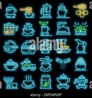 Ensemble d'icônes de cérémonie du thé. Ensemble de grandes lignes de la cérémonie du thé vecteur icônes couleur néon sur noir Illustration de Vecteur