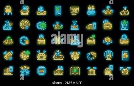 Icônes de taxi sans pilote définies. Ensemble de lignes d'icônes de vecteur de taxi sans pilote de couleur néon sur noir Illustration de Vecteur