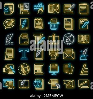 Icônes du rédacteur définies. Ensemble de contours des icônes vectorielles du rédacteur néon couleur sur noir Illustration de Vecteur