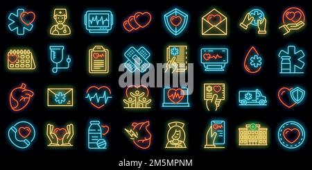 Jeu d'icônes cardiologues. Contour de l'ensemble des icônes vectorielles cardiologues couleur néon sur noir Illustration de Vecteur