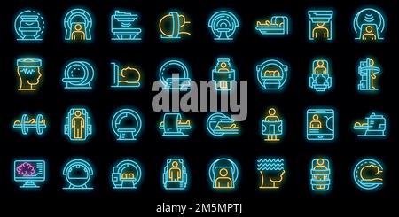 Jeu d'icônes d'imagerie par résonance magnétique. Ensemble de contours des icônes de vecteur d'imagerie par résonance magnétique couleur néon sur noir Illustration de Vecteur