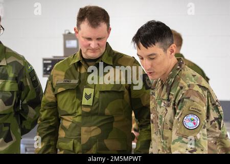 Les membres du service de l'Heimvernet norvégien ont participé à l'instruction préliminaire de marksman (PMI) sur le fusil de carbine M4 dans le cadre des tables de qualifications individuelles des armes menant à leurs tables de qualification en feu réel au Camp Ripley, 27 mars 2022. L'espace d'entraînement de 53 000 hectares offre aux membres de la Garde nationale du Minnesota et du Heimevernet un environnement sûr, amusant et éducatif leur permettant de partager la culture et les techniques d'entraînement. (Photo de la Garde nationale du Minnesota par le Sgt Mahsima Alkamooneh) Banque D'Images