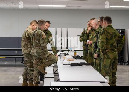 Les membres du service de l'Heimvernet norvégien ont participé à l'instruction préliminaire de marksman (PMI) sur le fusil de carbine M4 dans le cadre des tables de qualifications individuelles des armes menant à leurs tables de qualification en feu réel au Camp Ripley, 27 mars 2022. L'espace d'entraînement de 53 000 hectares offre aux membres de la Garde nationale du Minnesota et du Heimevernet un environnement sûr, amusant et éducatif leur permettant de partager la culture et les techniques d'entraînement. (Photo de la Garde nationale du Minnesota par le Sgt Mahsima Alkamooneh) Banque D'Images