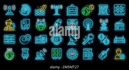 Icônes radio ENGINEER définies. Ensemble de contours d'icônes vectorielles radio-ingénieur couleur néon sur noir Illustration de Vecteur