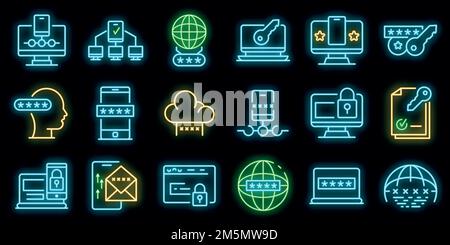 Icônes d'authentification multifacteur définies. Ensemble de contours d'icônes vectorielles d'authentification multi-facteurs de couleur néon sur le noir Illustration de Vecteur
