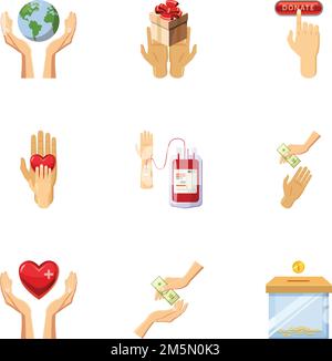 Ensemble d'icônes de la Journée mondiale des donateurs.Ensemble de dessins animés de 9 icônes vectorielles de jour de donneur mondial pour le Web isolé sur fond blanc Illustration de Vecteur