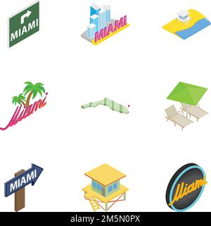 Bienvenue dans le jeu d'icônes de Miami.Isométrique 3D illustration de 9 bienvenue à Miami vector icônes pour le web Illustration de Vecteur