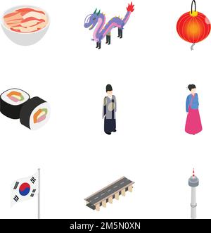 Ensemble d'icônes de voyage en Corée du Sud.Isométrique 3D illustration de 9 Voyage en Corée du Sud des icônes vectorielles pour le web Illustration de Vecteur