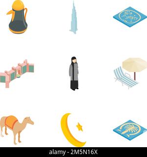 Jeu d'icônes des éléments arabes.Illustration isométrique 3D de 9 icônes vectorielles d'éléments arabes pour le Web Illustration de Vecteur