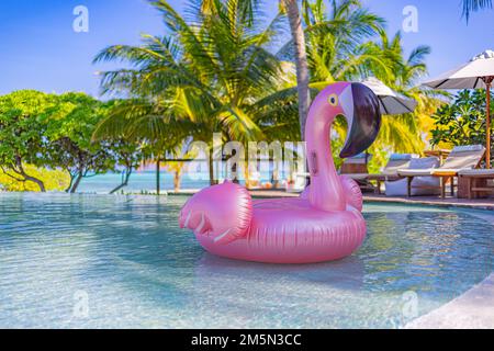 Piscine de luxe avec cygne flottant, ciel bleu et palmiers. Chaises, lits sous parapluie, amusement d'été Happy Mood. Piscine de l'hôtel, détendez-vous Banque D'Images