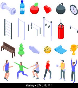 Icons set fitness en plein air. Remise en forme en plein air de jeu isométrique icônes vectorielles pour le web design isolé sur fond blanc Illustration de Vecteur