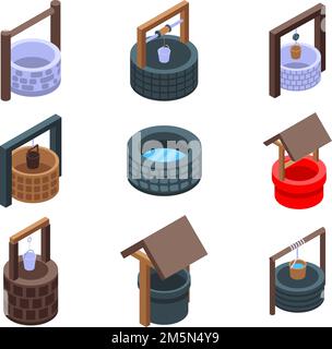 Icônes de puits d'eau définies.Ensemble isométrique d'icônes vectorielles de puits d'eau pour la conception de sites Web isolée sur fond blanc Illustration de Vecteur