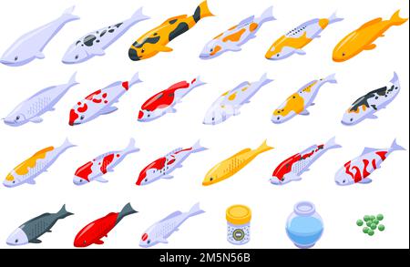 Ensemble d'icônes Koi Carp.Ensemble isométrique d'icônes vectorielles Koi carp pour la conception de sites Web isolées sur fond blanc Illustration de Vecteur