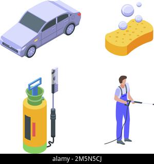 Icônes de lavage de voiture définies.Ensemble isométrique d'icônes vectorielles de lavage de voiture pour la conception de sites Web isolée sur fond blanc Illustration de Vecteur