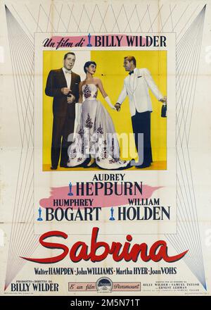 Affiche de film vintage, feat Humphrey Bogart, Audrey Hepburn et William Holden - Sabrina (1954) Banque D'Images