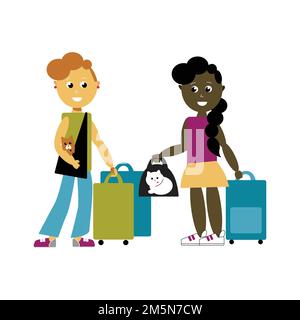 Deux filles voyagent avec ses adorables animaux de compagnie, le chat blanc dans un support noir et le petit chien brun dans le sac. Ils ont quelques valises colorées Illustration de Vecteur