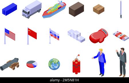 Jeu d'icônes de guerre commerciale.Ensemble isométrique d'icônes vectorielles de guerre commerciale pour la conception de sites Web isolée sur fond blanc Illustration de Vecteur