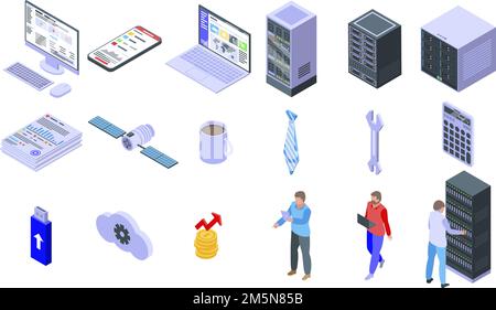 Icônes de l'administrateur INFORMATIQUE définies. Ensemble isométrique d'icônes vectorielles de l'administrateur INFORMATIQUE pour la conception Web isolée sur fond blanc Illustration de Vecteur