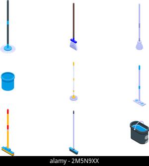 Ensemble d'icônes MOP.Ensemble isométrique d'icônes vectorielles de mop pour la conception de la toile isolée sur fond blanc Illustration de Vecteur