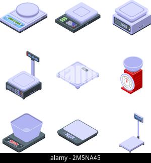 Ensemble d'icônes de balance.Ensemble isométrique d'icônes vectorielles d'échelles de pesage pour la conception de sites Web isolée sur fond blanc Illustration de Vecteur