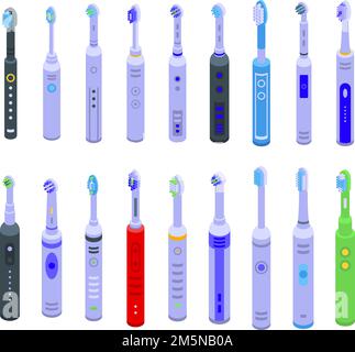 Jeu d'icônes de brosse à dents électrique.Ensemble isométrique d'icônes vectorielles pour brosses à dents électriques pour la conception de sites Web isolée sur fond blanc Illustration de Vecteur