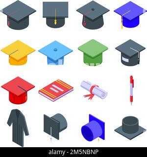 Ensemble d'icônes de chapeau de remise de diplômes. Ensemble isométrique d'icônes vectorielles chapeau de graduation pour la conception de sites Web isolée sur fond blanc Illustration de Vecteur