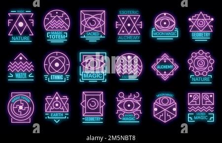 Ensemble d'icônes géométriques alchimie. Ensemble de contours de l'alchimie géométrique vecteur icônes néon couleur sur noir Illustration de Vecteur