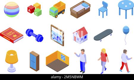 Icônes de chambre pour enfants.Ensemble isométrique d'icônes vectorielles de la chambre des enfants pour la conception de sites Web isolée sur fond blanc Illustration de Vecteur