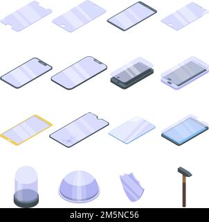 Jeu d'icônes de protection en verre. Ensemble isométrique d'icônes vectorielles de verre de protection pour la conception de sites Web isolé sur fond blanc Illustration de Vecteur