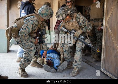 ÉTATS-UNIS Marines with Golf Company, 2nd Bataillon, 4th Marines, 1st Marine Division évacuez médicalement une victime simulée d'un engin explosif improvisé tout en menant un programme d'action civique médicale pendant un exercice d'évaluation de la préparation au combat du corps maritime du groupe I Marine Expeditionary Force information Group au camp de base du corps maritime Pendleton, Californie, 29 mars 2022. Le but du MCCRE est d'évaluer officiellement les tâches essentielles de l'unité et/ou de la mission assignée afin d'assurer la normalisation des services et la préparation au combat. Banque D'Images