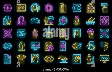 Icônes d'authentification biométrique définies. Ensemble de contours d'icônes vectorielles d'authentification biométrique couleur néonatale sur noir Illustration de Vecteur