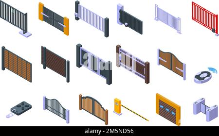 Icônes de porte automatique définies. Ensemble isométrique d'icônes de vecteur de porte automatique pour la conception Web isolée sur fond blanc Illustration de Vecteur