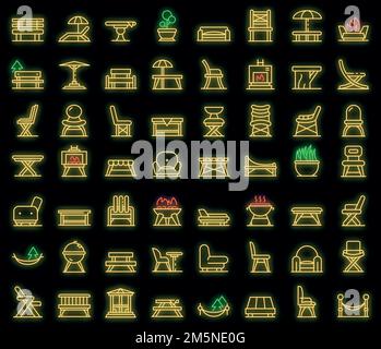 Mobilier de jardin icônes ensemble. Ensemble de contours de mobilier de jardin vectorisation icônes couleur néonatale sur noir Illustration de Vecteur