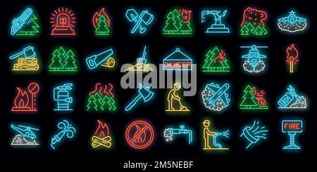 Icônes Wildfire définies. Ensemble de contours d'icônes vectorielles de feu de forêt de couleur néon sur noir Illustration de Vecteur