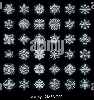 Icônes de flocon de neige définies. Ensemble de contours d'icônes vectorielles de flocon de neige couleur néon sur noir Illustration de Vecteur