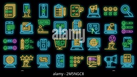 Jeu d'icônes d'enquête en ligne. Ensemble de contours d'icônes vectorielles de sondage en ligne de couleur néon sur noir Illustration de Vecteur