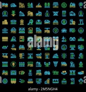 Icônes de robot d'agriculture définies. Ensemble de contours d'icônes vectorielles de robot d'agriculture de couleur néon sur noir Illustration de Vecteur