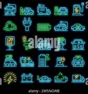 Icônes de ravitaillement électrique définies. Ensemble de contours d'icônes vectorielles de ravitaillement électrique couleur néonatale sur fond noir Illustration de Vecteur