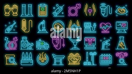 Ensemble d'icônes gynécologue. Ensemble de contours d'icônes vectorielles gynécologue couleur néon sur noir Illustration de Vecteur