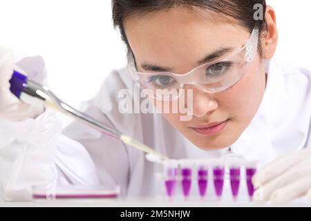 Le réactif que les femmes scientifiques ont observé in vitro Banque D'Images