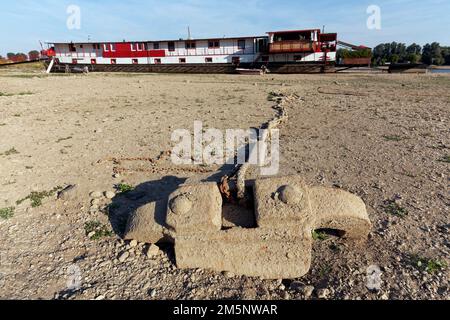 Ancre d'une péniche sèche sur le Rhin, eau extrêmement basse en août 2022, Düsseldorf, Rhénanie-du-Nord-Westphalie, Allemagne Banque D'Images