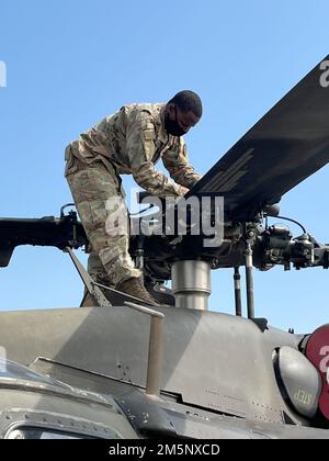 Sec R. Usman, aviateur du D Co “Cannibales”, 2nd Bataillon, 25th Aviation Regiment, 25th combat Aviation Brigade, 25th Infantry Division, effectue la maintenance de l'aviation le 26 février 2022 dans le cadre de l'exercice Cobra Gold 2022 dans la province de Lophuri du Royaume de Thaïlande. Cobra Gold 2022 est la version 41st de l'exercice international de formation qui soutient la préparation et met l'accent sur la coordination de l'action civique, de l'aide humanitaire et des secours en cas de catastrophe. Du 22 février au 4 mars 2022, cet événement annuel se déroule dans différents endroits du Royaume de Thaïlande à Banque D'Images