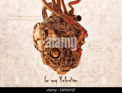 Bonne Saint-Valentin illustration créative: Steampunk coeur mécanique, Leonardo da Vinci style vintage design de conception technique. 3D Saint Valentin env Banque D'Images