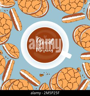 Carte du bon matin avec café et biscuits dessinés à la main. Illustration vectorielle Illustration de Vecteur